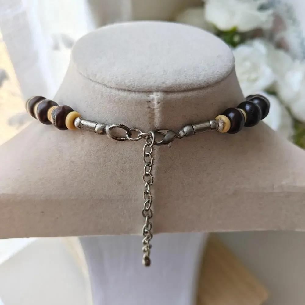 Bohemian dark brown and cream wooden multilayer beaded necklace